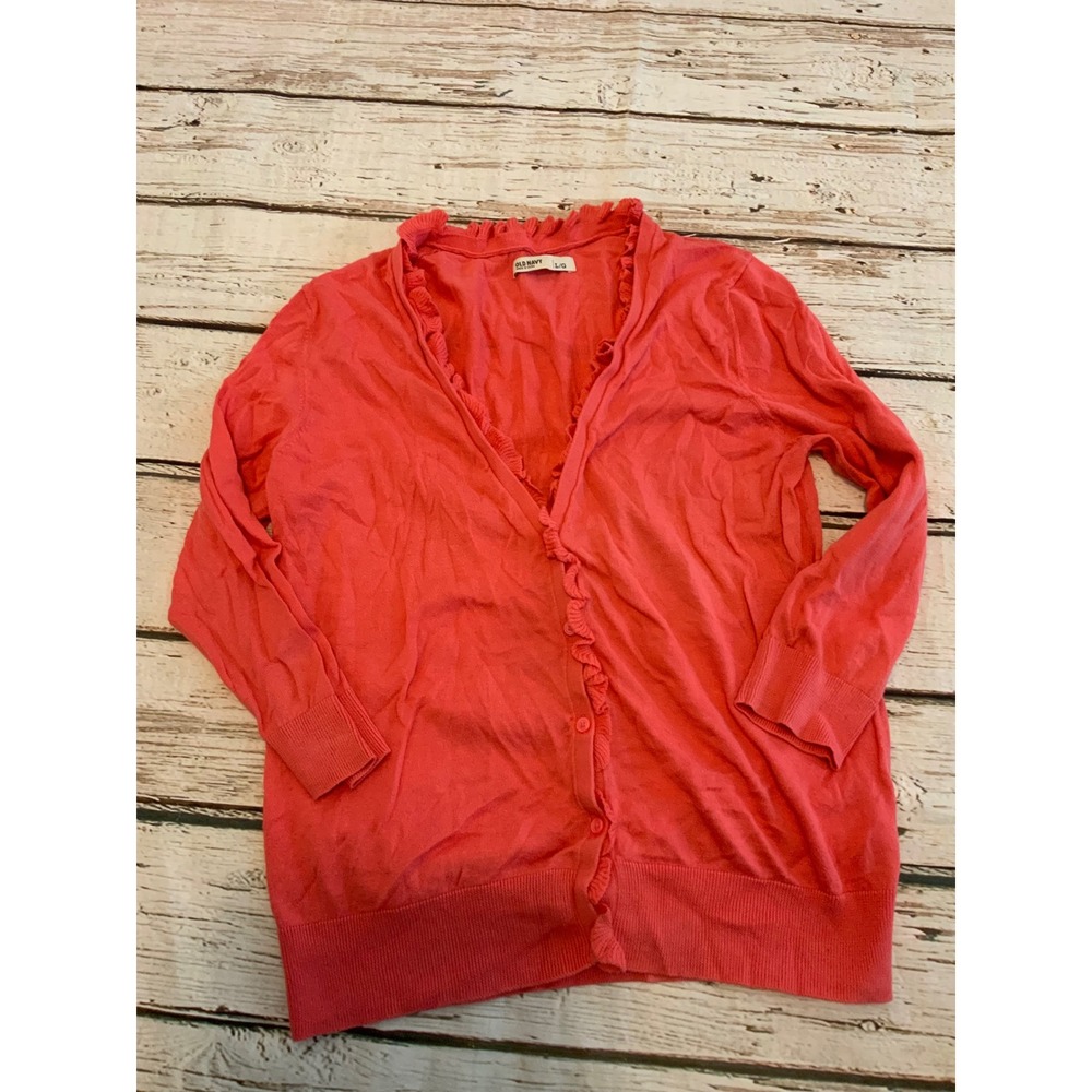 Old Navy Womens Coral Pink Ruffle Trim Button Front Cardigan Sweater Size L